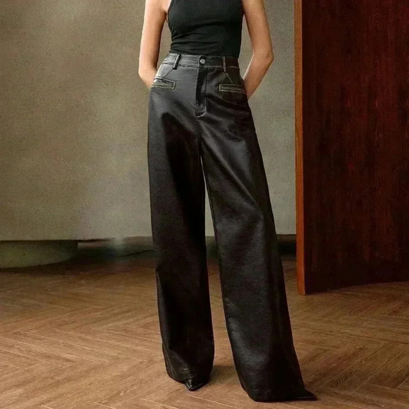 Black Elegant Women's Vintage Washed-Look Long Pants - Picture 2 of 7